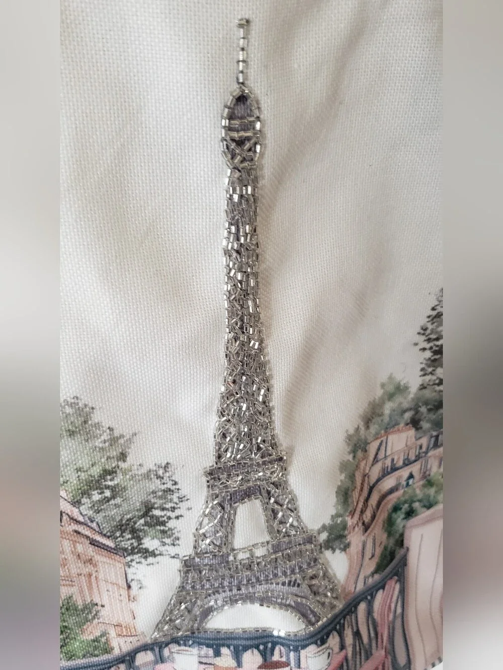 Canvas Paris Eiffel Tower Embellished Tote Bag in White and Blue